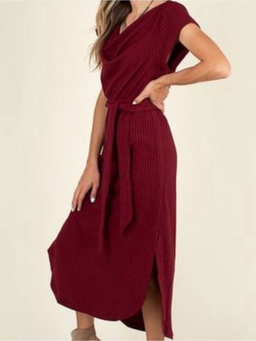 Joyfolie Burgundy Ribbed Backless Cowl Neck Dress